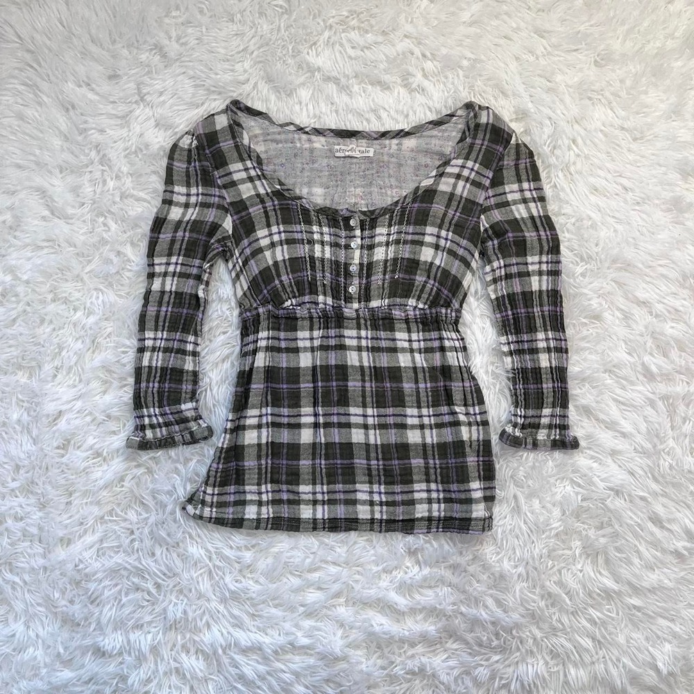 y2k aeropostale green & purple plaid gingham baby doll button up henley top xs